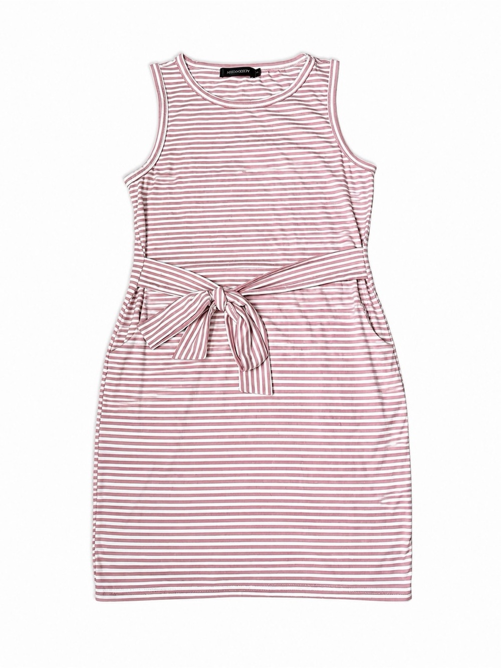 MEROKEETY Striped Sleeveless Tie Waist Midi Dress Size S Pink & White